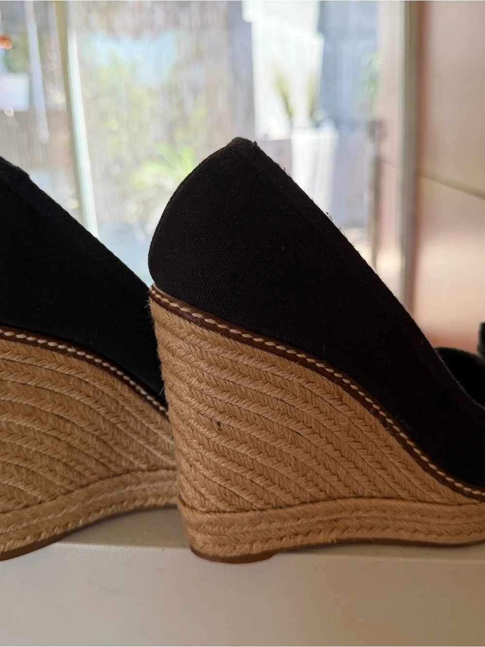 Tory Burch Black Canvas Espadrille Wedges with Gold Logo Charm - Picture 2 of 7